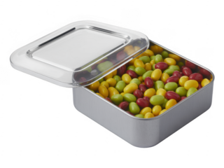 Open tin container filled with colorful jelly beans candy sweets isolated on a transparent background