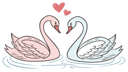 Fototapeta premium Two Lovely Swans Floating Together in Water with Hearts Above