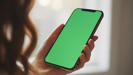 Hand holding mobile smartphone with green screen chroma key mockup in horizontal landscape orientation for app design, social media marketing and digital media display mockup content.

