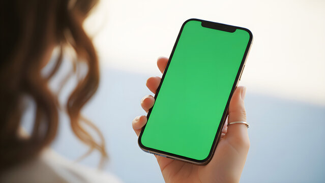 Hand holding mobile smartphone with green screen chroma key mockup in landscape horizontal view for app design, social media marketing, and professional digital display content.
 - Powered by Adobe