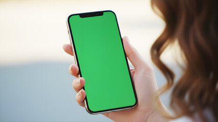Hand holding mobile smartphone with green screen chroma key mockup in horizontal landscape orientation for application design, digital marketing, and web display media media content.
