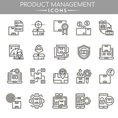 Product management icon set showing planning, strategy, development, and product lifecycle concepts.