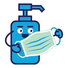 Obraz premium Hand sanitizer and mask cartoon character against virus bacteria vector illustration on transparent background