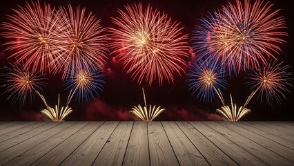 Vibrant Fireworks Display Over Wooden Deck at Night.