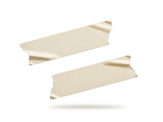 Two ripped pieces of beige paper isolated on white background floating in air