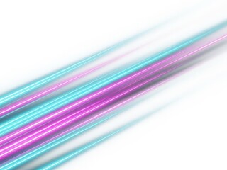 Vibrant pink and blue neon light streaks on white background moving diagonally