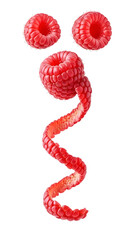 Close-up of fresh red raspberries with one raspberry showing a long trailing tail strand isolated on white background, perfect for food and health content
