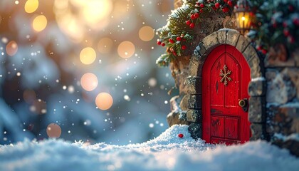 Enchanted fairytale door in snowy woodland 