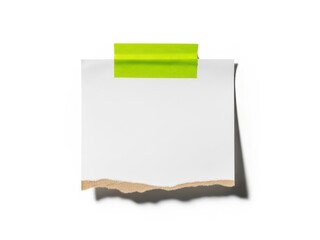 Torn paper note with green tape isolated on white background for reminder or message