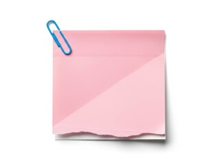 Pink sticky note with blue paperclip isolated on white background for office supplies