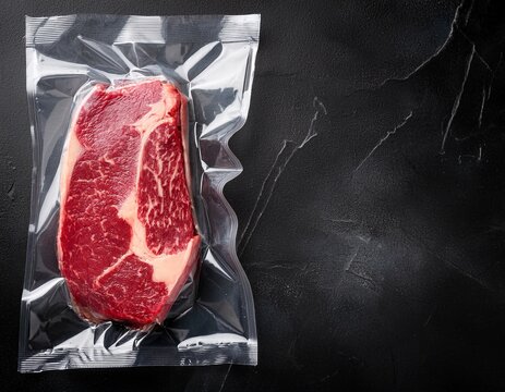 beef steak in vacuum plastic packaging with empty space for label raw marble beef meat in transparent vacuum sealed wrap - Powered by Adobe