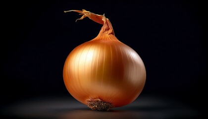 golden onion bulb isolated against a dark backdrop highlighting textures and details