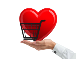 A hand presenting a shiny red heart with a black shopping cart