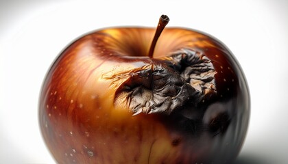 close up studio shot of overripe rotten apple with blemishes and discoloration