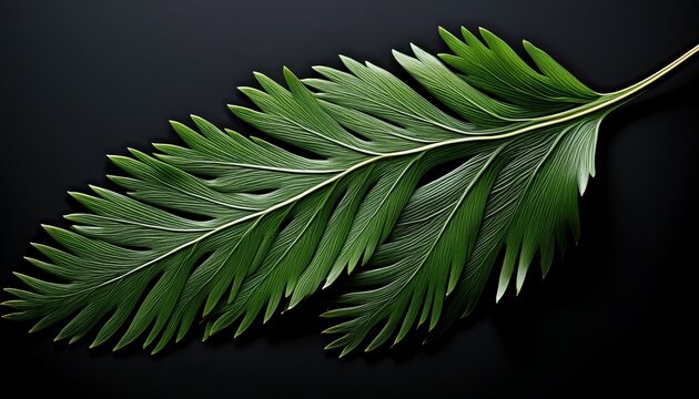 detailed close up of a vibrant green cedar leaf against a stark black background