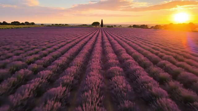 Peaceful rural scene with violet lavender blooms glowing, Relaxing twilight image of lavender fields, Tranquil agricultural landscape featuring blooming lavender under radiant sunset sky