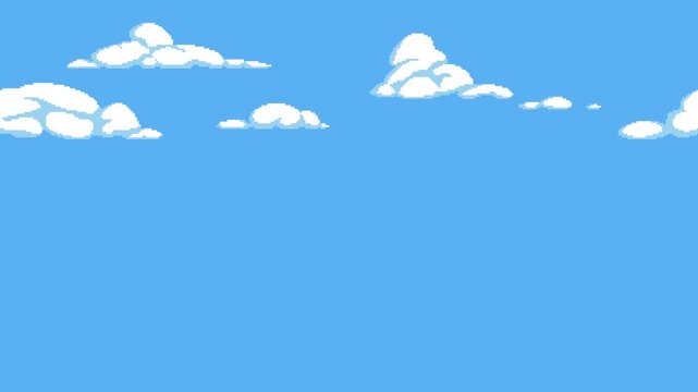 Blue sky with clouds floating horizontally. Pixel art game background 8 bit video. Old school seamless looping animation.