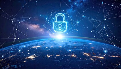 Digital Security Lock Symbolizing Cyber Protection Over Earth, Online Environment, Futuristic View