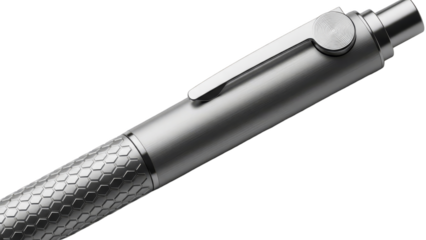 Elegant Silver Pen: A close-up showcases a sleek silver pen, its polished surface reflecting the light. Embodying sophistication and precision, a timeless tool of the trade.