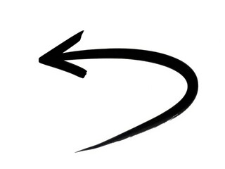 Black arrow curved to the left on white background with a sharp tail