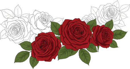 Luxury red rose bouquet with golden leaves and ornate gold butterfly isolated on white background elegant floral vector.