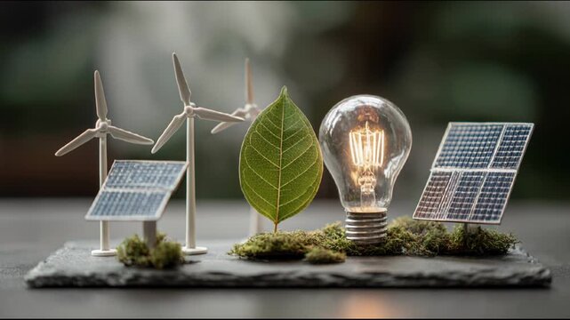 Miniature wind turbines and solar panels lighting bulb with leaf, indoor sustainability concept