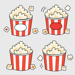 Four different popcorn buckets. Each bucket is red and white striped, but slightly different in shape and style. Filled with popcorn.