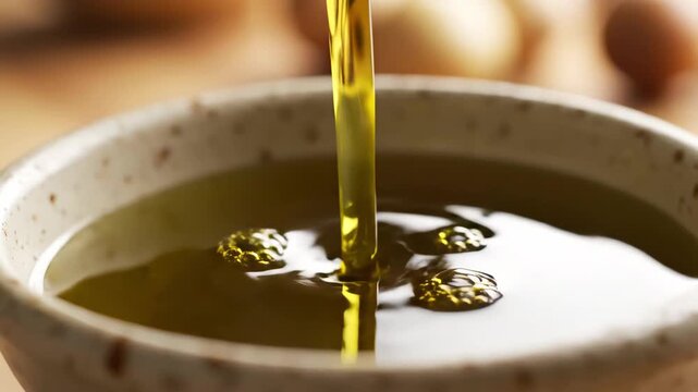 Warm rustic kitchen  Slowly drizzling golden olive oil creates ripples on surface, Closeup of cold pressed olive oil adding shine to Mediterranean farm to table dishes