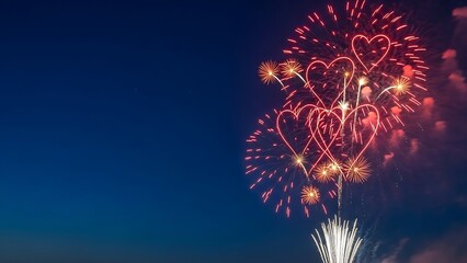 Vibrant heart shaped fireworks exploding in night sky