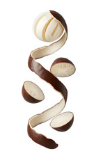 Close-up of partially peeled brown and white long fruit with cross section slices, isolated on white background, perfect for food and health content