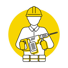 Construction worker with drill thin line icon