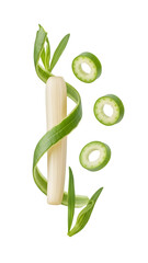Fresh bamboo shoot with green spiraled leaf and sliced green stems isolated on white background, healthy vegetable concept