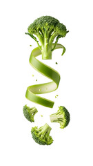 Fresh broccoli florets and stalk with green ribbon peel isolated on white background, healthy vegetable for cooking and dieting