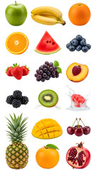 Assortment of fresh fruits including apple banana orange watermelon and more isolated on white background perfect for healthy eating and nutrition content