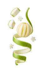 Fresh feijoa fruit with peel spiral, white flowers and cut pieces isolated on black background, healthy ingredient perfect for cooking and desserts