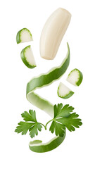 Fresh peeled garlic clove with parsley leaves and green peel isolated on white background, perfect for cooking and recipe illustration