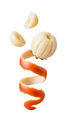 Fresh peeled pomelo fruit with spiral peel isolated on white background, healthy citrus snack