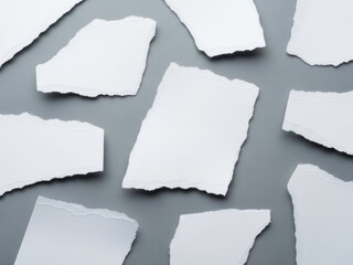 Torn white paper pieces scattered on gray surface background