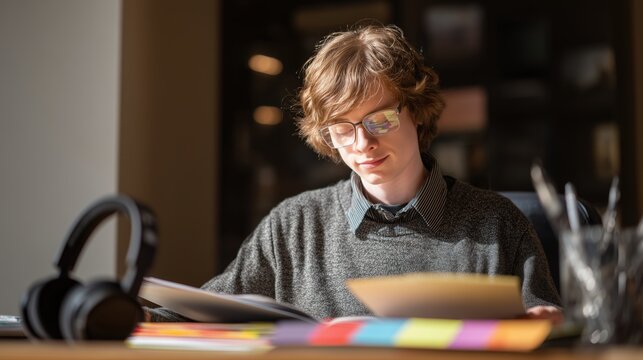 Young professional calmly studying documents at desk with colorful notes and headphones, illustrating focused learning, neurodiversity, and organized workspace