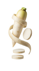 Fresh peeled white radish with slices floating on white background, healthy vegetable concept for cooking