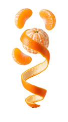 Fresh peeled tangerine with spiral peel and separated segments isolated on white background, perfect for healthy eating and food marketing