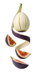 Fresh ripe fig with peeled skin and fig slices floating isolated on white background, healthy fruit concept perfect for food blogs and recipe presentations