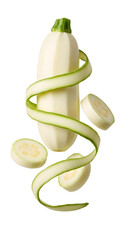 Fresh peeled white zucchini with slices and a peeling strip isolated on white background, perfect for healthy cooking and vegetarian recipes