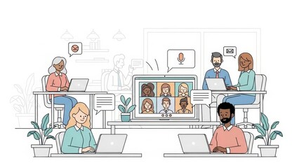 Diverse team collaborating remotely via video conference, hybrid work environment