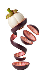 Fresh peeled mangosteen fruit with dark purple peel spiral and white segmented flesh isolated on white background, healthy tropical fruit