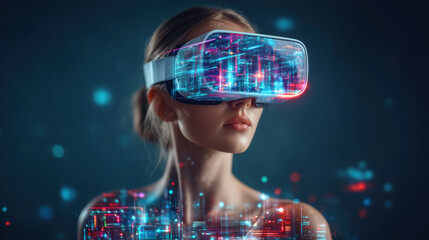Young woman wearing virtual reality headset with neon data overlay, futuristic digital immersion
