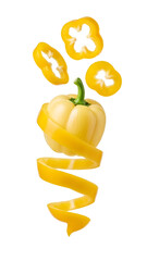 Fresh yellow bell pepper with spiral peel and slices isolated on white background, healthy vegetable close-up, perfect for cooking and nutrition content