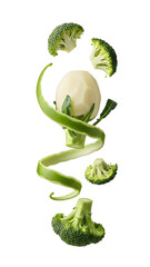 Peeled potato surrounded by fresh broccoli florets and green chili pepper spiral isolated on white, healthy vegetables close-up
