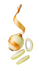 Fresh yellow onion with peel and sliced rings isolated on white background, perfect for cooking and food recipes