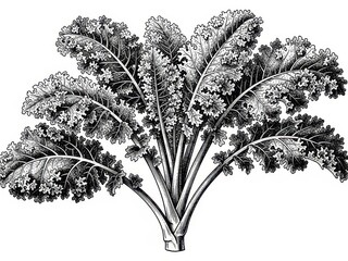 Black and white illustration of a bunch of leafy green vegetable on white background